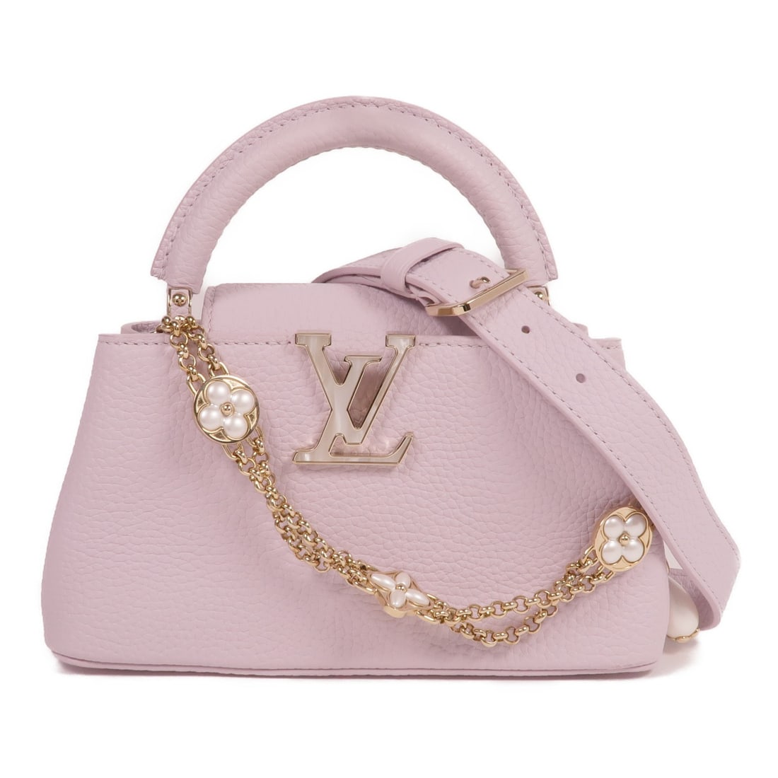 Louis Vuitton Capucines East West Mini Pink Calfskin Shoulder Bag M25476 GHW: Louis Vuitton Capucines East West Mini Pink Calfskin Shoulder Bag M25476 GHW This Louis Vuitton Capucines East West Mini shoulder bag showcases a pink calfskin leather exterior with a sleek, structure