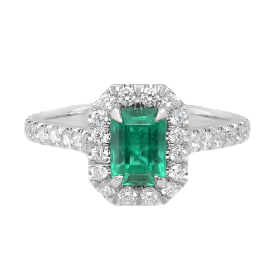Rachel Koen 0.90ct Colombian Emerald Diamond Halo Platinum Ring (1 of 6)