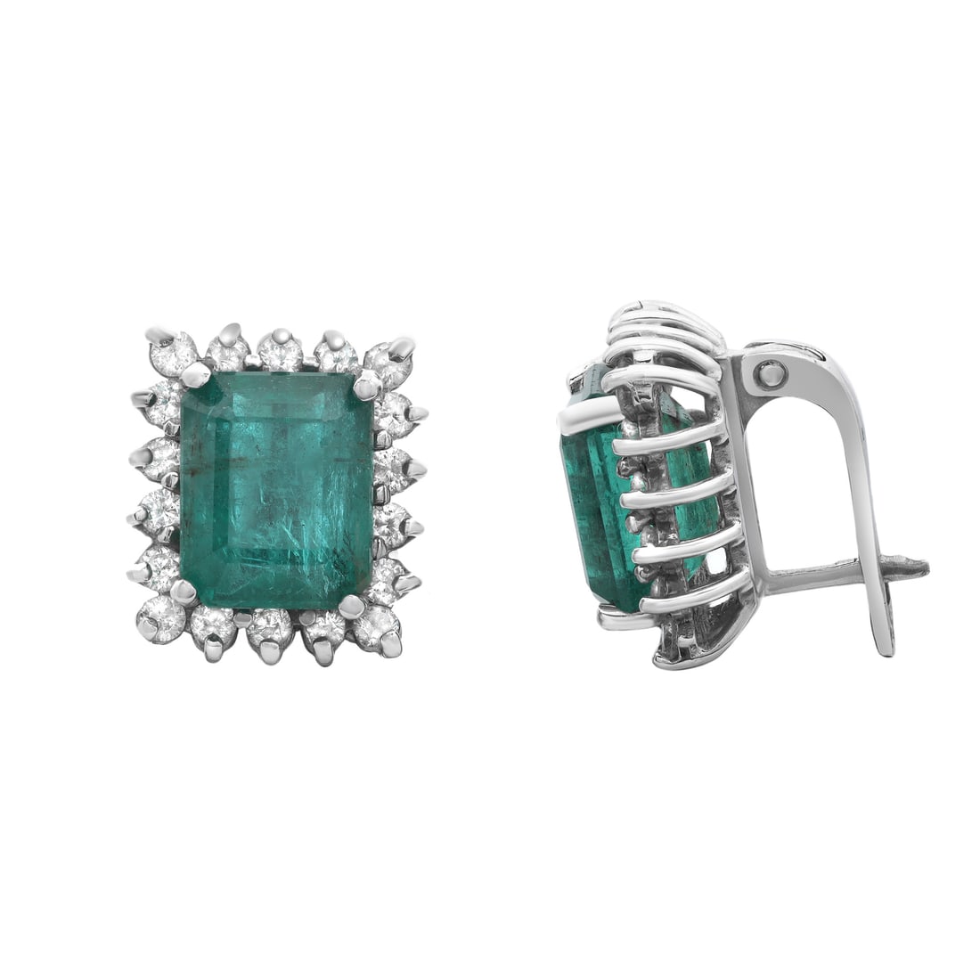 Rachel Koen 14K White Gold Green Emerald Diamond Stud Earrings 8.08 Cttw: Rachel Koen 14K White Gold Green Emerald Diamond Stud Earrings 8.08 Cttw Presenting exquisite Green Emerald stud earrings, elegantly crafted from high-polished 14K white gold. These stunning earrings