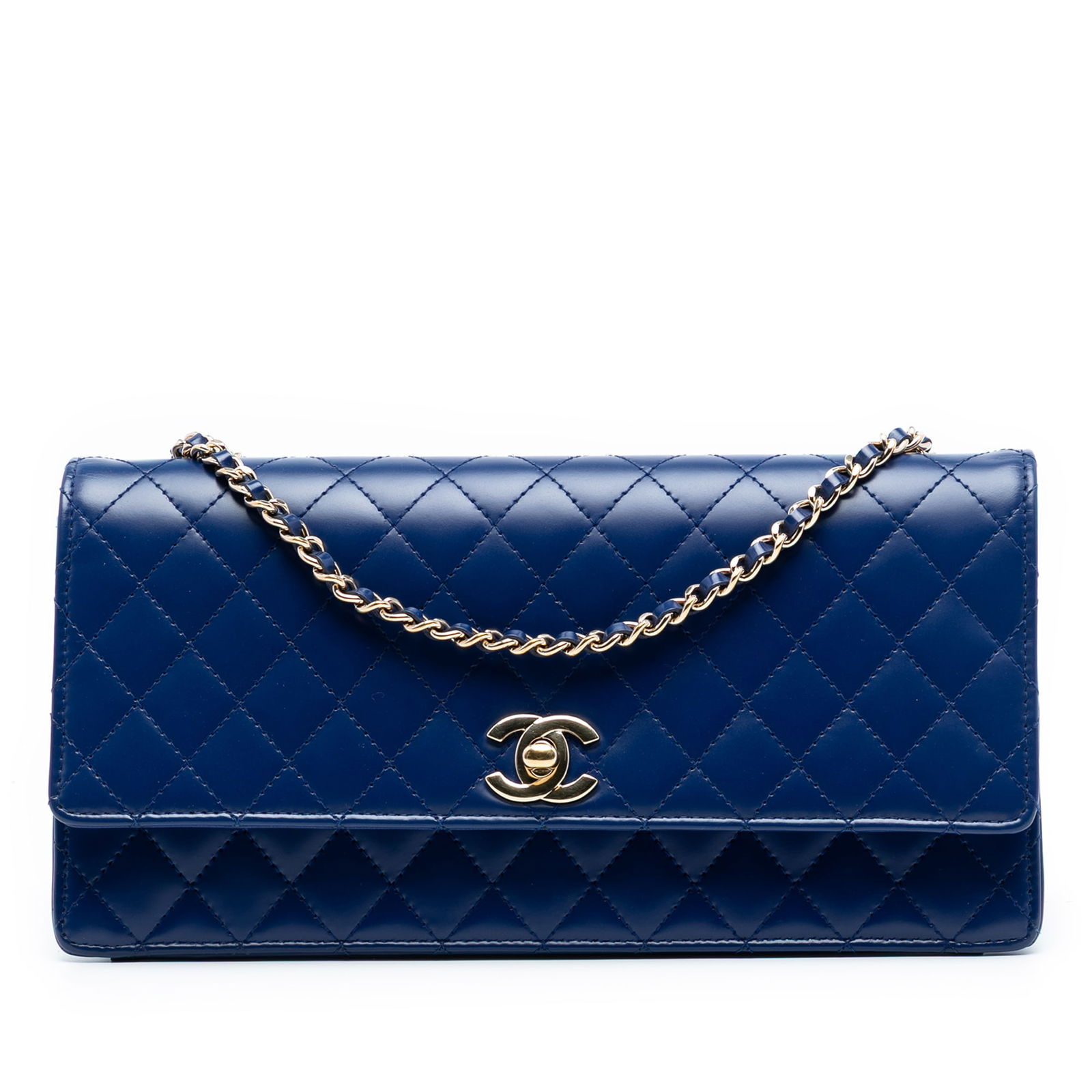 Chanel CC Blue Quilted Lambskin Leather Long Flap Crossbody Bag: Chanel CC Blue Quilted Lambskin Leather Long Flap Crossbody Bag This Chanel CC Quilted Lambskin Long Flap crossbody bag features a blue quilted lambskin leather exterior, a leather woven chain strap,