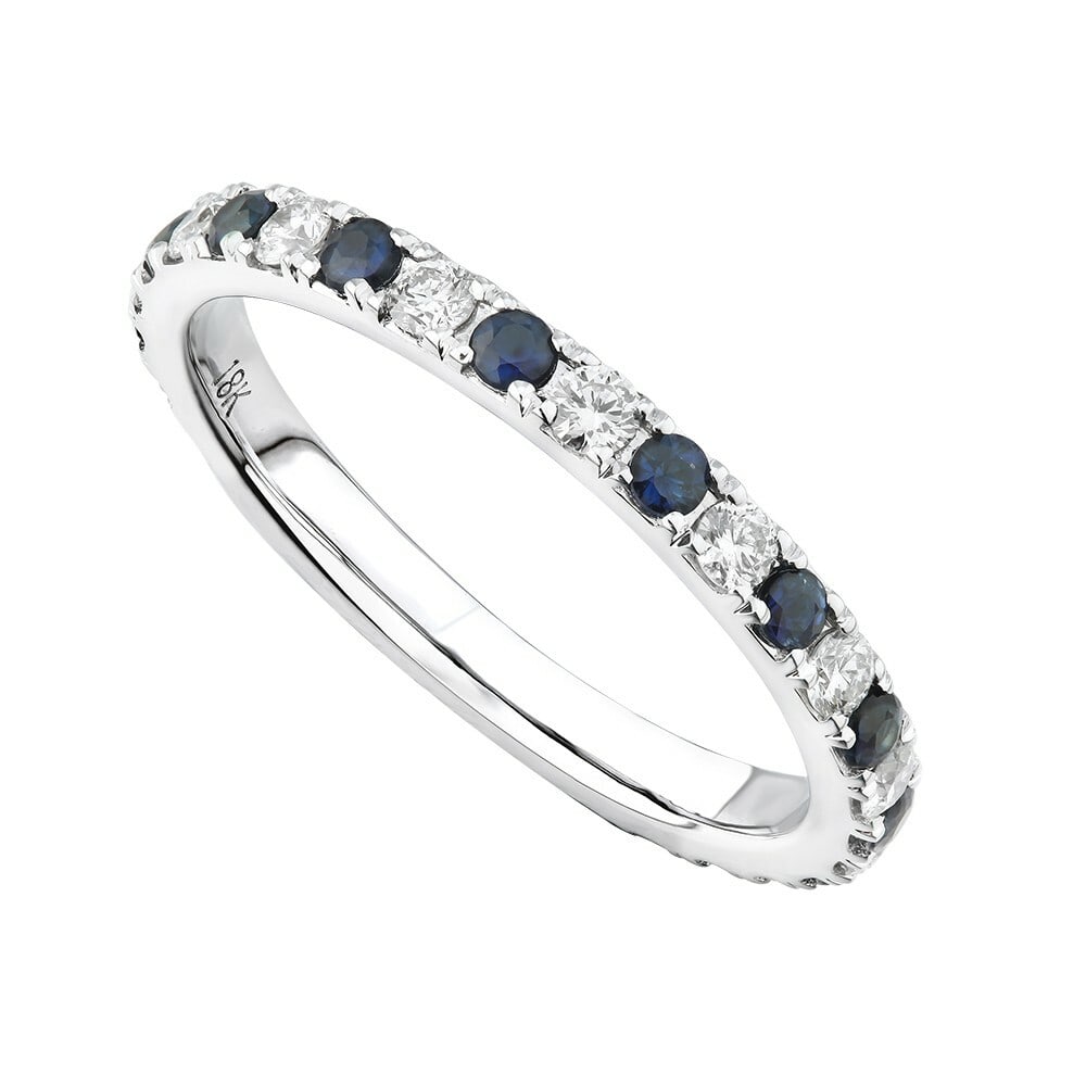 Rachel Koen 18K White Gold Pave Sapphire Diamond Ladies Ring: Rachel Koen 18K White Gold Pave Sapphire Diamond Ladies Ring This elegant 18K white gold ring features a stunning pave setting adorned with alternating genuine sapphires and sparkling white round diam