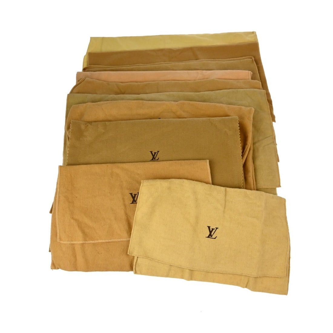 Louis Vuitton Set of 10 Dust Bags Brown Beige Cotton: Louis Vuitton Set of 10 Dust Bags Brown Beige Cotton This set of dust bags from Louis Vuitton is crafted from 100% cotton, ensuring quality and durability. The bags are presented in a stylish brown an