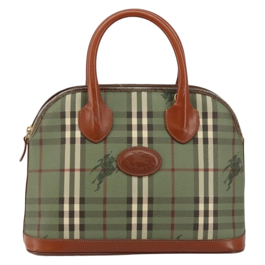Green Nova Check Bag by Burberry with Leather Accents: Green Nova Check Bag by Burberry with Leather Accents This pre-owned Burberry Nova Check handbag features a classic green design and is crafted for female users. The bag shows signs of use, including