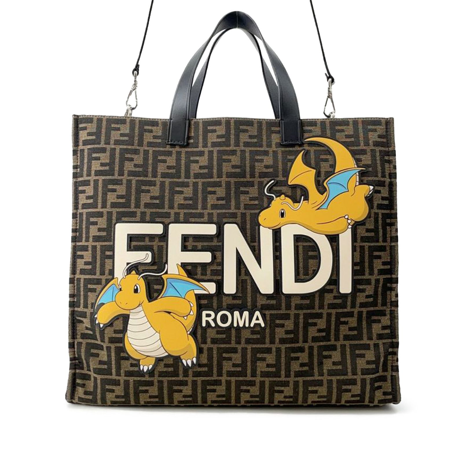 Fendi FRGMT Pokemon Zucca Canvas Tote with Leather Handles: Fendi FRGMT Pokemon Zucca Canvas Tote with Leather Handles This stylish Fendi FRGMT Pokemon Zucca Canvas Shopper Tote is crafted from durable canvas, featuring flat leather handles and a detachable fl