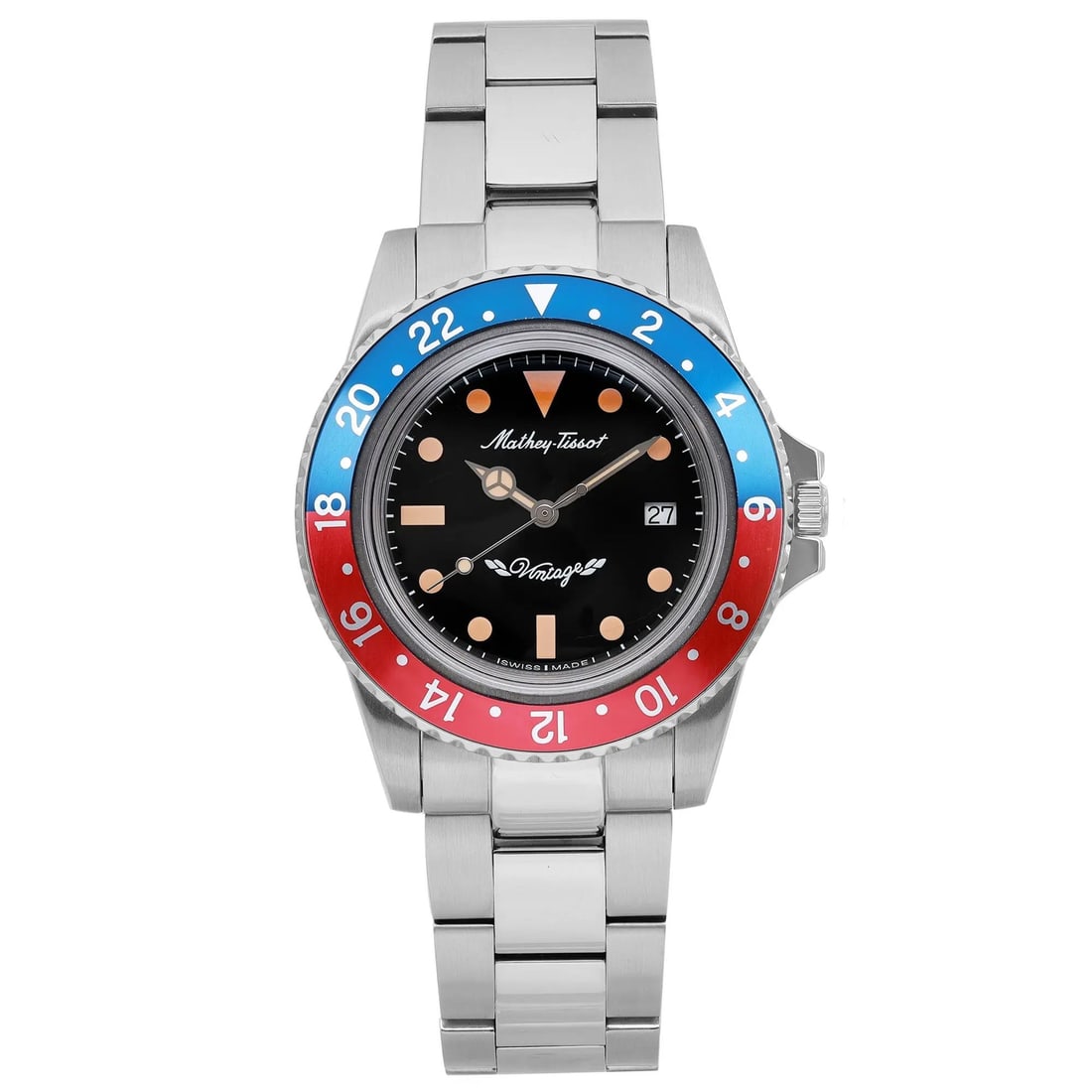 Mathey-Tissot Vintage Steel Quartz Watch Black Dial Pepsi Bezel: Mathey-Tissot Vintage Steel Quartz Watch Black Dial Pepsi Bezel Discover the Mathey-Tissot Vintage Steel Pepsi Black Dial Quartz Men Watch, an ideal accessory for casual wear. This wristwatch features