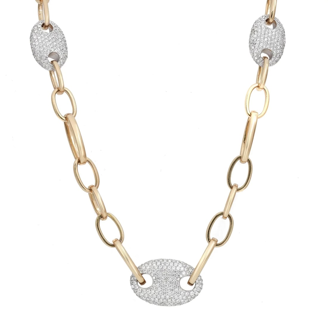 Rachel Koen 18K Yellow Gold Pave Set Diamond Mariner Cuban Link Necklace 13.47ct: Rachel Koen 18K Yellow Gold Pave Set Diamond Mariner Cuban Link Necklace 13.47ct Elevate your style with this stunning Pave Set Round Diamond Mariner Cuban Link Chain Necklace. Beautifully crafted in