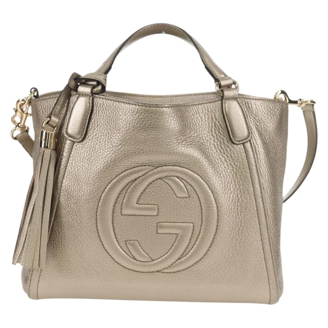 Soho Gold Convertible Hobo Bag by Gucci: Soho Gold Convertible Hobo Bag by Gucci This pre-owned Gucci Soho convertible hobo handbag is designed for women and crafted with attention to detail. It is in excellent condition, with only slight ru