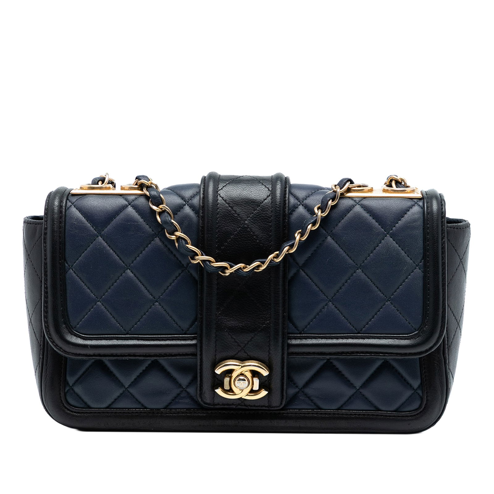 Chanel Medium Bicolor Quilted Lambskin CC Flap Crossbody Bag: Chanel Medium Bicolor Quilted Lambskin CC Flap Crossbody Bag This Chanel Medium Bicolor Quilted Lambskin Elegant CC Flap crossbody bag features a quilted lambskin leather body in a two-tone design, a