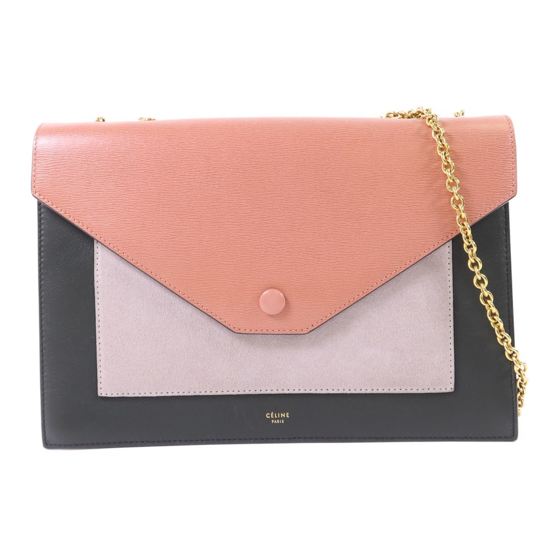 CELINE Envelope Shoulder Bag Calfskin Dark Green Pink GHW: CELINE Envelope Shoulder Bag Calfskin Dark Green Pink GHW Discover the elegance of the CELINE Envelope Shoulder Bag, crafted from premium calfskin leather in a stunning dark green with pink accents. T