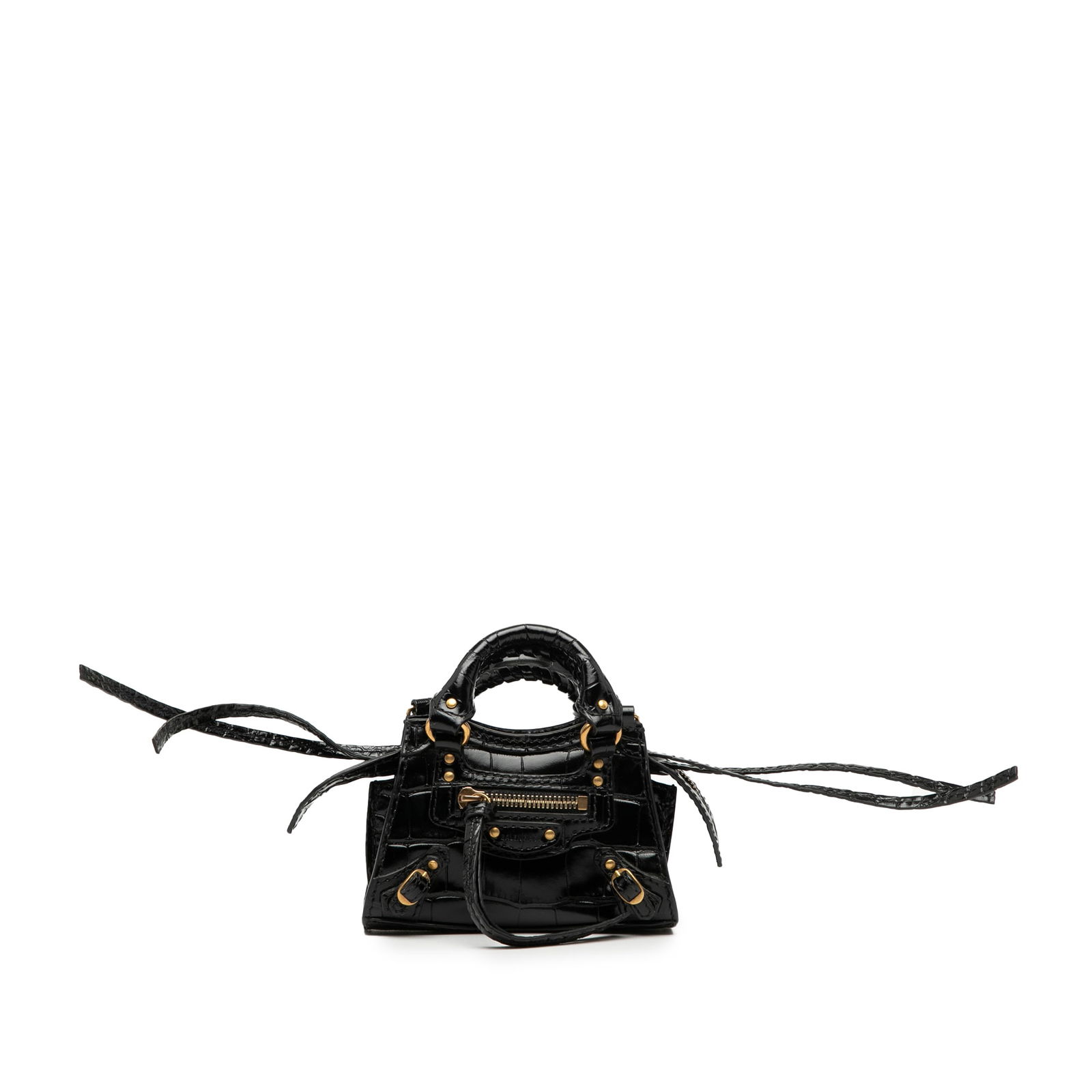 Balenciaga Super Nano Croc Embossed Calfskin Neo Classic City Bag Black: Balenciaga Super Nano Croc Embossed Calfskin Neo Classic City Bag Black The Balenciaga Super Nano Croc Embossed Calfskin Neo Classic City is a luxurious small handbag crafted from embossed leather. Th