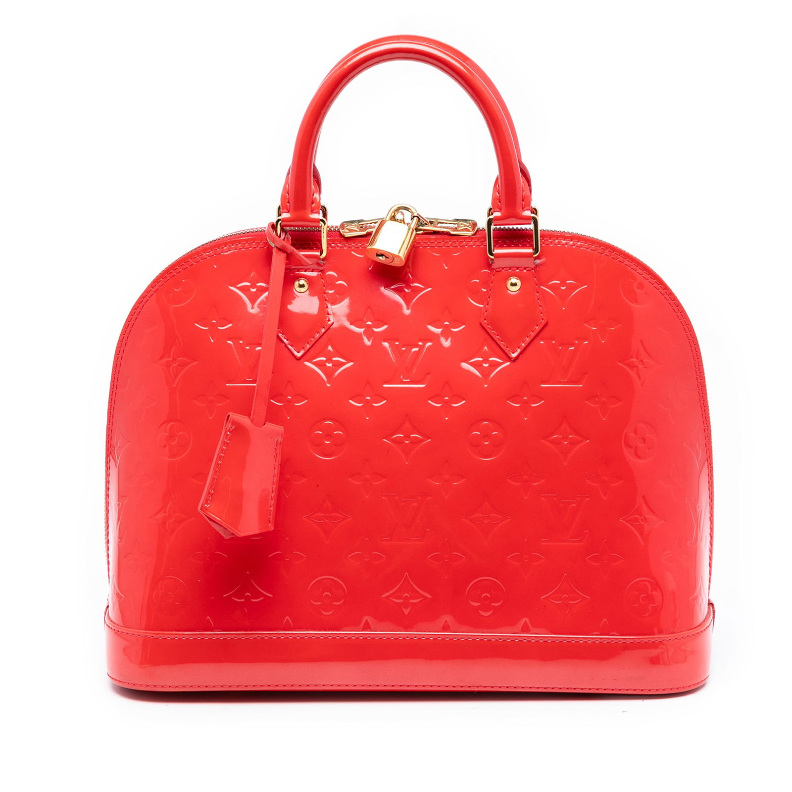 Red Louis Vuitton Vernis Leather Alma PM Handbag with Clochette: Red Louis Vuitton Vernis Leather Alma PM Handbag with Clochette This Louis Vuitton Monogram Vernis Alma PM features a monogram vernis leather body in red, complemented by rolled leather handles and a