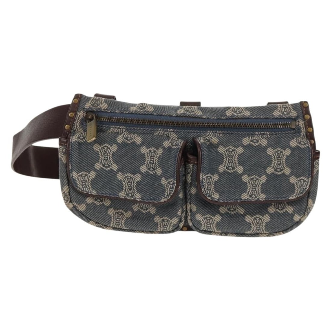 Blue Macadam Canvas Waist Bag from Celine Paris: Blue Macadam Canvas Waist Bag from Celine Paris This pre-owned Celine Paris Macadam canvas waist bag features a blue colorway and is designed for female use. The bag shows signs of wear, including sli