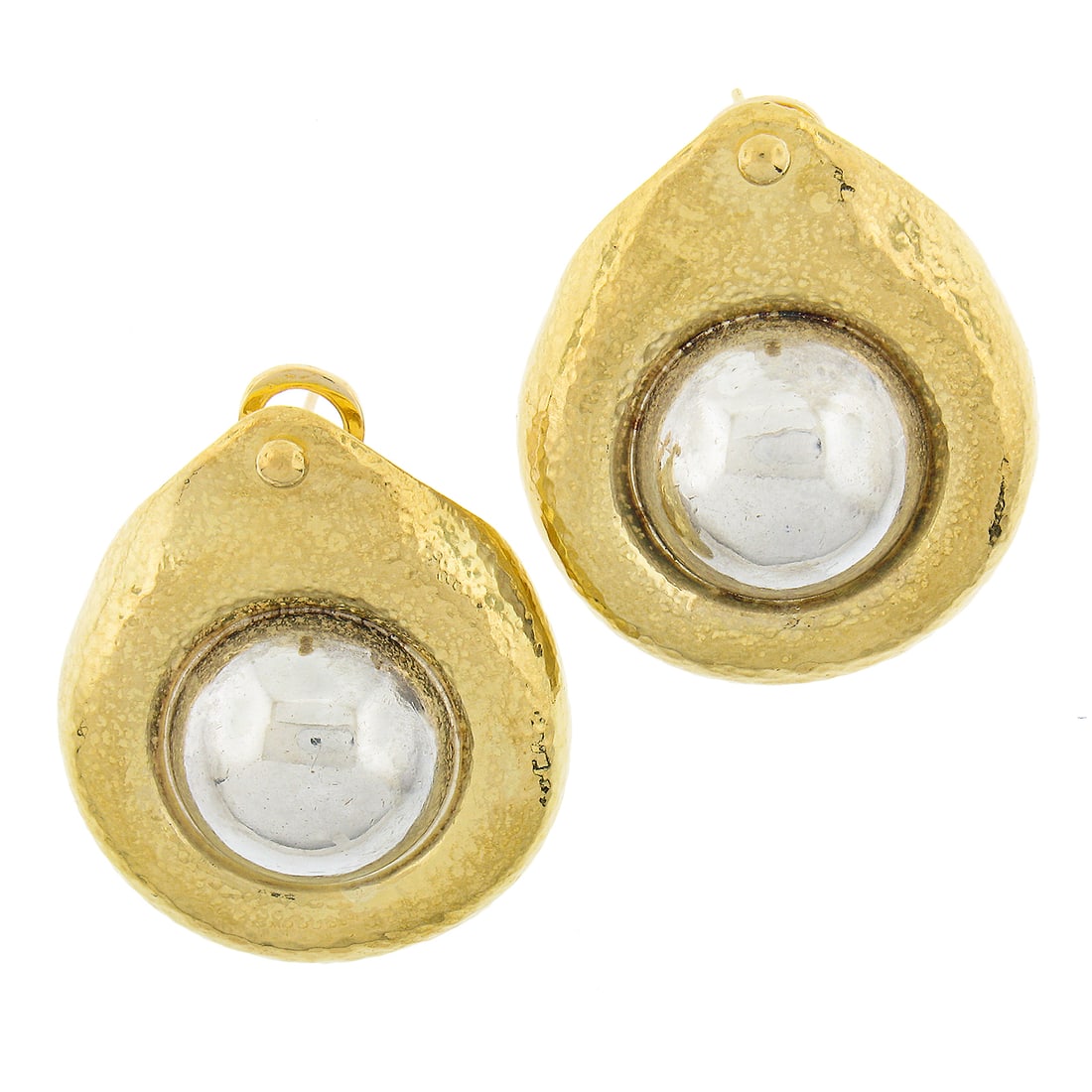 Zolotas 22k Gold Silver Hammered Omega Back Cuff Earrings: Zolotas 22k Gold Silver Hammered Omega Back Cuff Earrings This stunning pair of vintage Zolotas earrings features a unique hammered finish, expertly crafted from solid 22k yellow gold and a sterling s