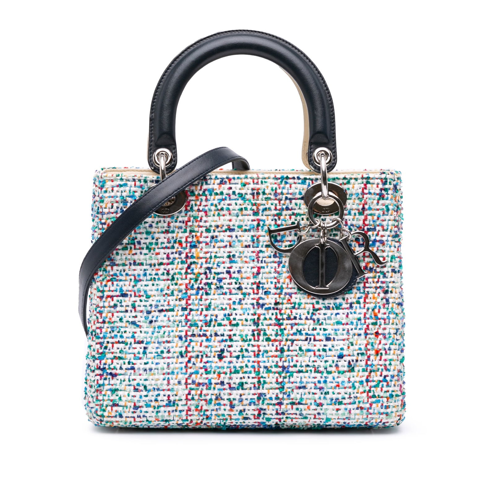 Dior Medium Lady Dior Blue Tweed Bag with Leather Handles: Dior Medium Lady Dior Blue Tweed Bag with Leather Handles Introducing the Medium Tweed Lady Dior, a chic and sophisticated handbag crafted from luxurious blue tweed. This elegant piece features flat l