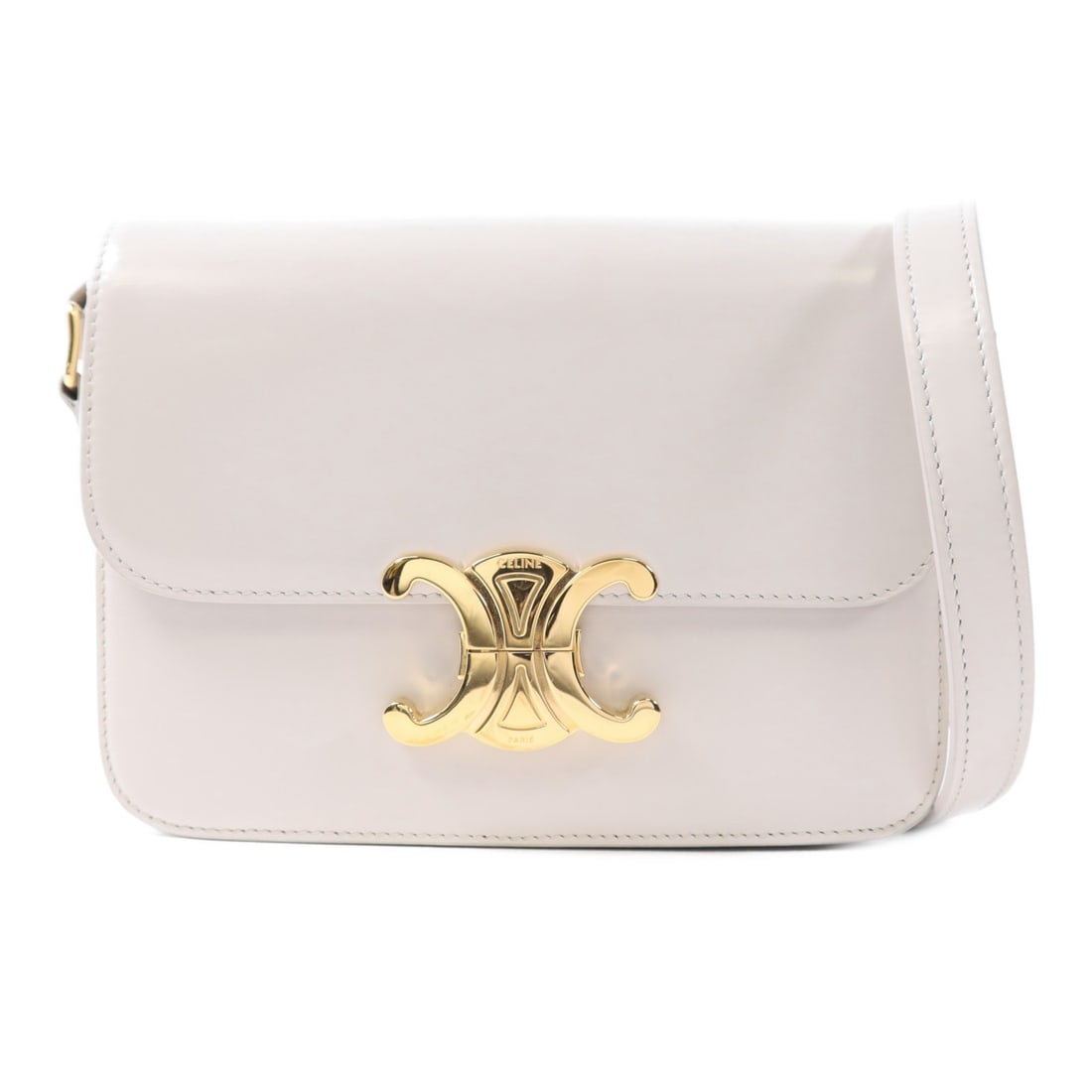 CELINE Teen Triomphe Shoulder Bag Light Grey Calfskin Leather GHW: CELINE Teen Triomphe Shoulder Bag Light Grey Calfskin Leather GHW Elevate your style with the CELINE Teen Triomphe Shoulder Bag, crafted from luxurious calfskin leather in a sophisticated light grey h