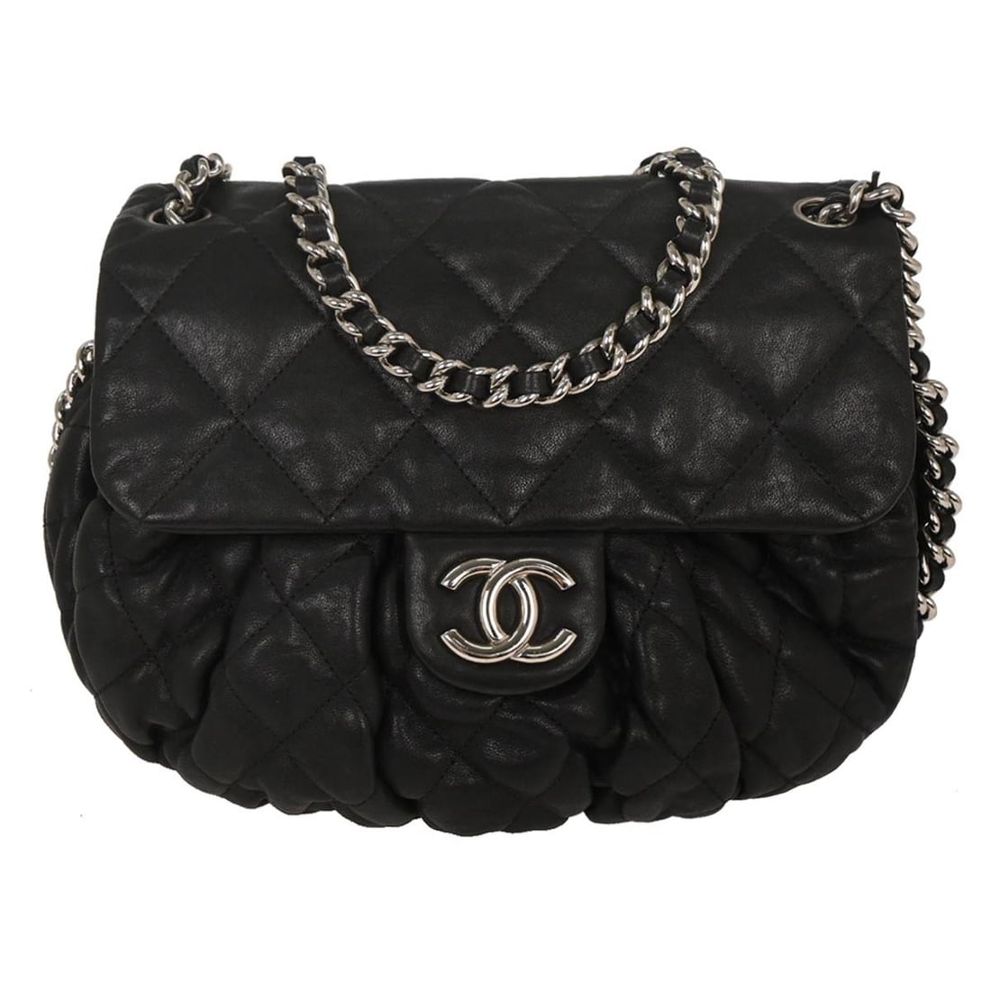 Chanel Black Calfskin Chain Around Shoulder Flap Bag: Chanel Black Calfskin Chain Around Shoulder Flap Bag This pre-owned Chanel Chain Around Flap Bag features luxurious black calfskin leather and is designed as a shoulder bag for women. The bag is in ve