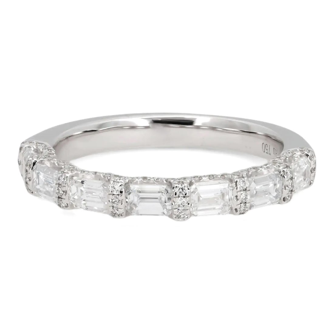 Rachel Koen 18k White Gold Lab Diamond Half Eternity Ring with Emerald and Round Cuts: Rachel Koen 18k White Gold Lab Diamond Half Eternity Ring with Emerald and Round Cuts This elegant half eternity band ring features 7 emerald cut lab grown diamonds accented by round cut lab grown dia