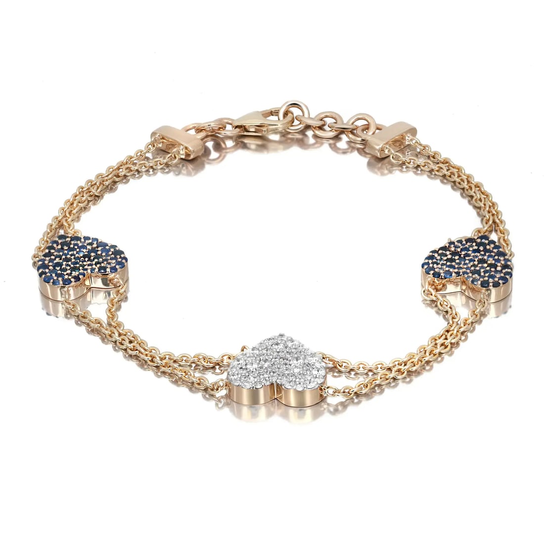 Rachel Koen 14K Yellow Gold Three Heart Bracelet with Blue Sapphire and Diamond: Rachel Koen 14K Yellow Gold Three Heart Bracelet with Blue Sapphire and Diamond This exquisite three heart chain bracelet is a romantic piece perfect for expressing love on Valentine's Day or any spec
