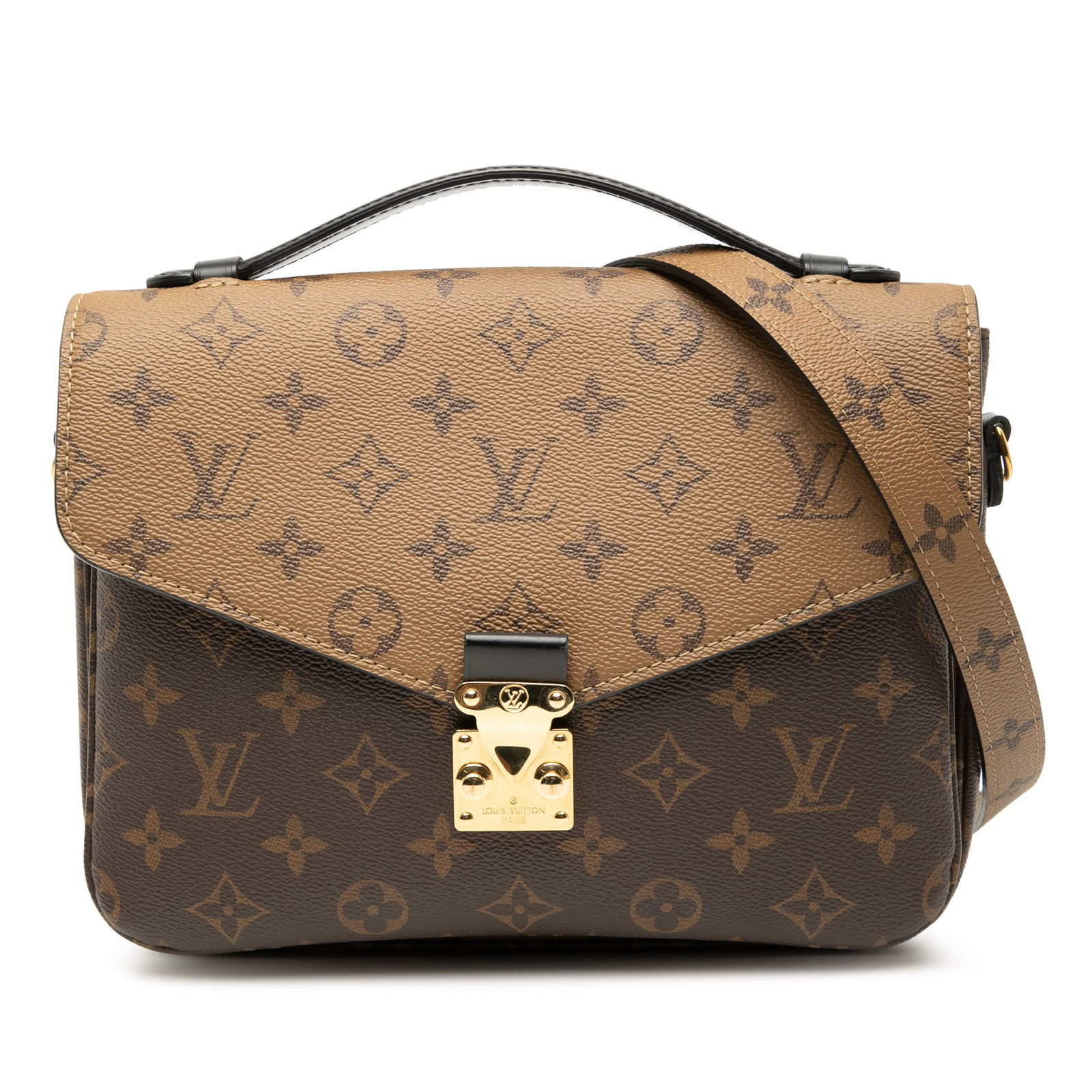 Monogram Reverse Canvas Pochette Metis Bag with S-Lock Closure: Monogram Reverse Canvas Pochette Metis Bag with S-Lock Closure The Louis Vuitton Monogram Reverse Pochette Metis showcases a monogram canvas and monogram reverse canvas body. It features a flat leathe
