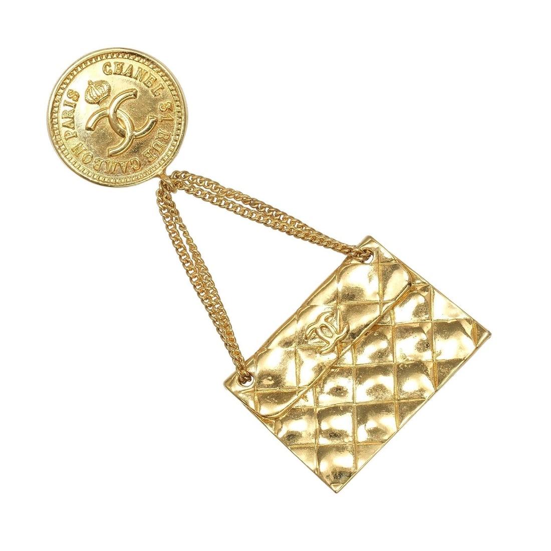 Gold Medallion Flap Brooch by Chanel Vintage Collection: Gold Medallion Flap Brooch by Chanel Vintage Collection This Chanel Vintage Medallion Flap Bag Brooch features a gold-tone finish and showcases classic Chanel design elements. The brooch is in decent