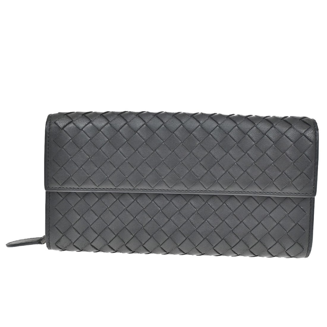 French Flap Black Wallet by Bottega Veneta: French Flap Black Wallet by Bottega Veneta This pre-owned Bottega Veneta French Flap Wallet in black is designed for women. The wallet is in good condition with noticeable scuffs, dirt, and stains on