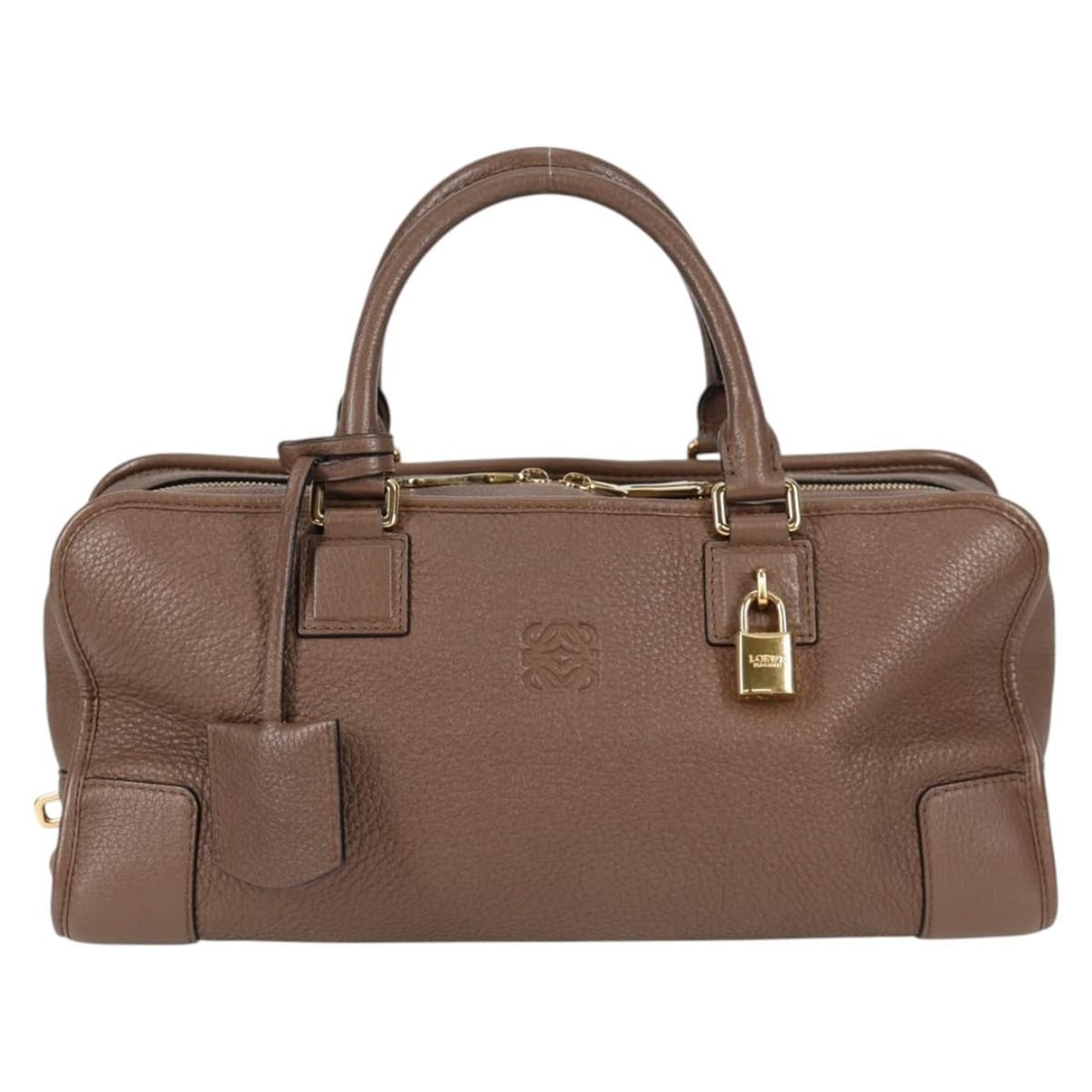 Amazona Brown Handbag by Loewe: Amazona Brown Handbag by Loewe This is a Loewe Amazona handbag in brown, designed for female use. The exterior features slight rubbing on the surface, handles, and corners, with minor scratches on the