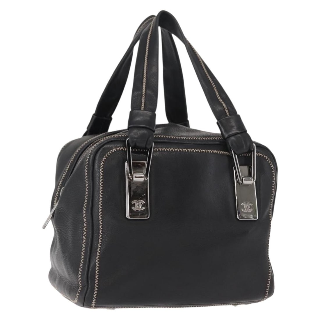 Pre-owned Chanel Bowler Handbag Black Leather Coco Mark: Pre-owned Chanel Bowler Handbag Black Leather Coco Mark This pre-owned Chanel Coco Mark Bowler handbag features a classic black design with the signature CC logo. The bag shows signs of use, including