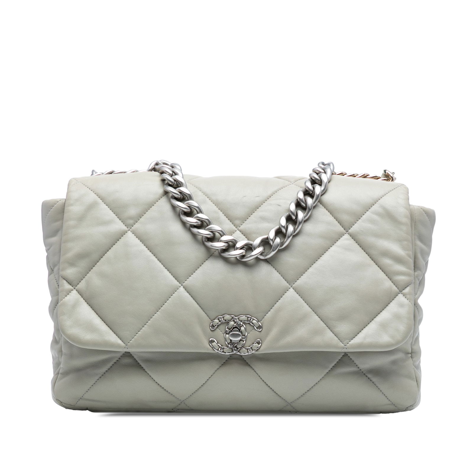 Chanel Maxi 19 Flap Bag Gray Lambskin with Gold Chain: Chanel Maxi 19 Flap Bag Gray Lambskin with Gold Chain This Chanel Maxi Lambskin 19 Flap bag is crafted from luxurious quilted lambskin leather, exuding elegance and sophistication. It features a stunn