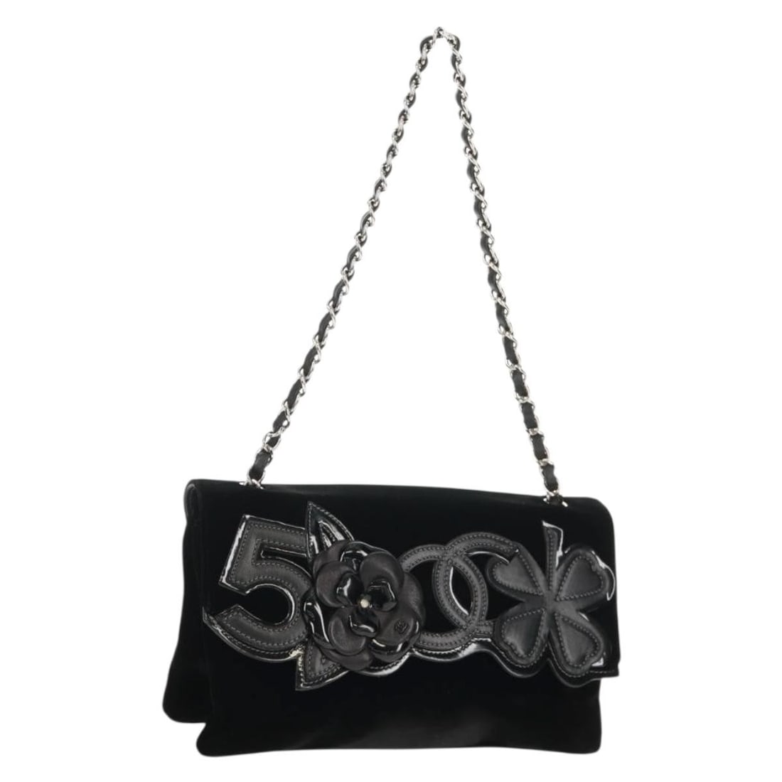 CHANEL Camellia No.5 Shoulder Bag Velor Black Silver Authentic: CHANEL Camellia No.5 Shoulder Bag Velor Black Silver Authentic This elegant CHANEL Chain Camellia No.5 Shoulder Bag is crafted from luxurious velor in a sophisticated black and silver color combinatio