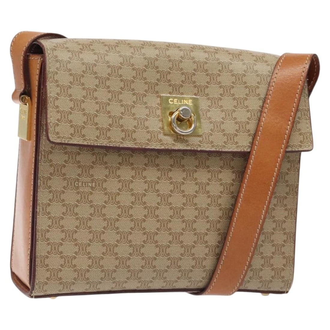 Celine Beige Macadam Pattern Shoulder Handbag: Celine Beige Macadam Pattern Shoulder Handbag This Celine Macadam shoulder bag in beige features the brand's iconic design and is suitable for female use. The bag shows signs of rubbing and minor loss
