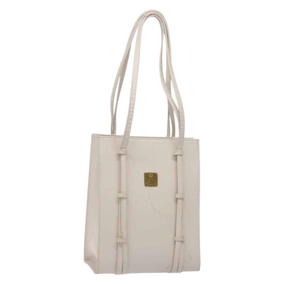 Pre-owned MCM White Shoulder Bag with Metal Accents: Pre-owned MCM White Shoulder Bag with Metal Accents This MCM vintage shoulder bag features a white exterior and is designed for female use. The pre-owned bag is in good condition, with noticeable sign