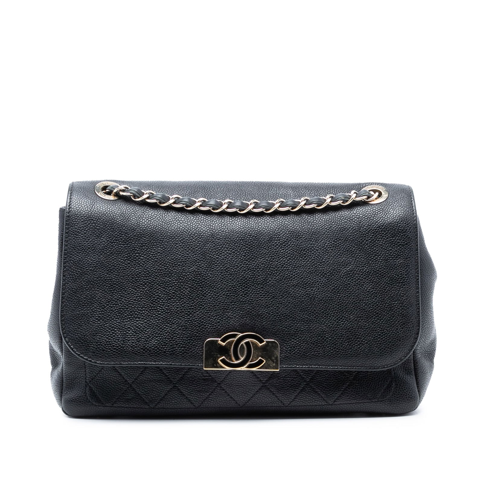 Black Caviar Leather Chanel Flap Pocket Bag with CC Plate and Chain Strap (1 of 8)