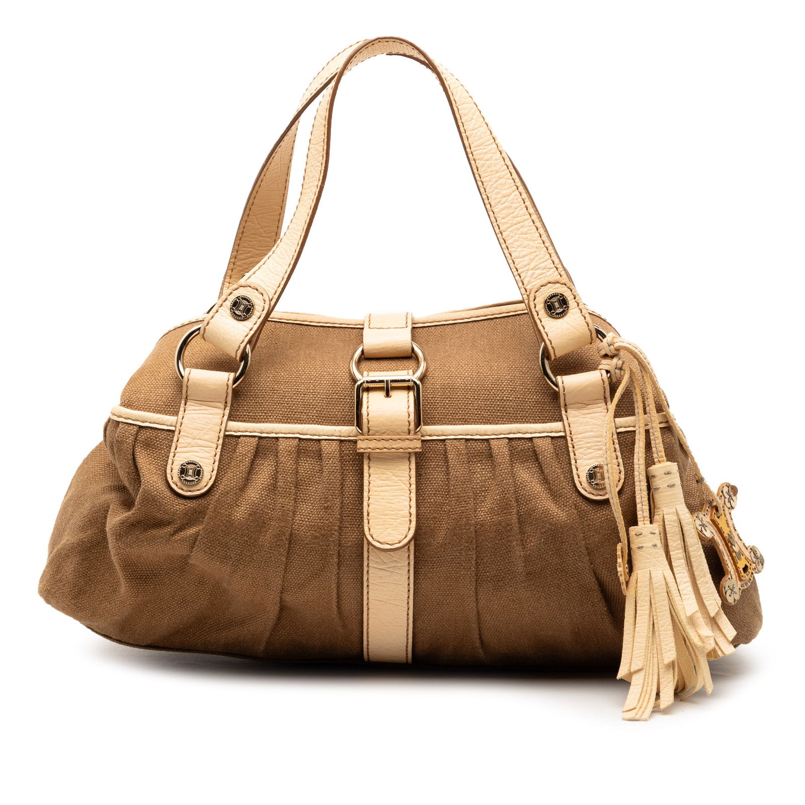 Boogie Tassel Canvas Tote Bag with Leather Trim by Celine: Boogie Tassel Canvas Tote Bag with Leather Trim by Celine This Celine Canvas Boogie Tassel Tote features a canvas body with leather trim, flat leather handles, an open top with a lobster clasp closure