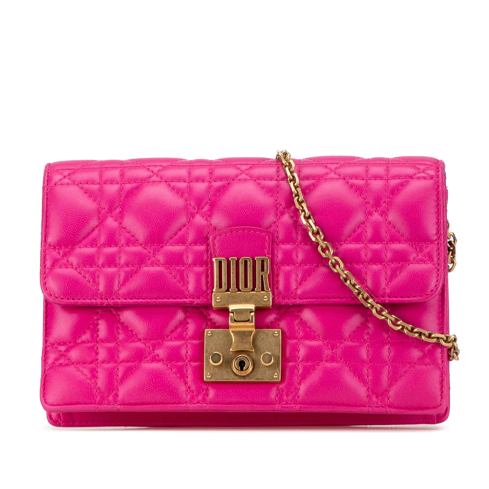 Dior Pink Lambskin Cannage Wallet on Chain Crossbody Bag: Dior Pink Lambskin Cannage Wallet on Chain Crossbody Bag This stylish DiorAddict Wallet on Chain is crafted from luxurious quilted lambskin leather in a chic pink hue. The versatile crossbody design f