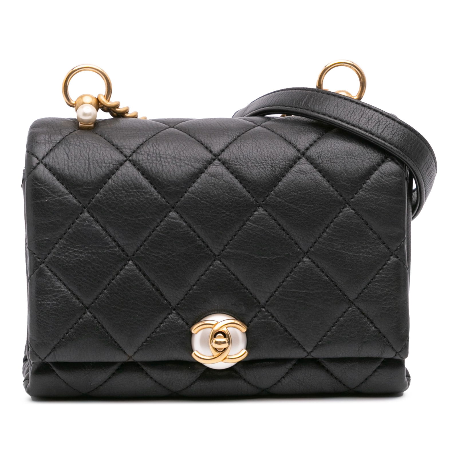 Chanel Mini Quilted Calfskin Black CC Accordion Flap Bag: Chanel Mini Quilted Calfskin Black CC Accordion Flap Bag This stylish Chanel Mini Quilted Calfskin Pearl CC Accordion Flap crossbody bag is designed for the modern woman. It features a luxurious quilt
