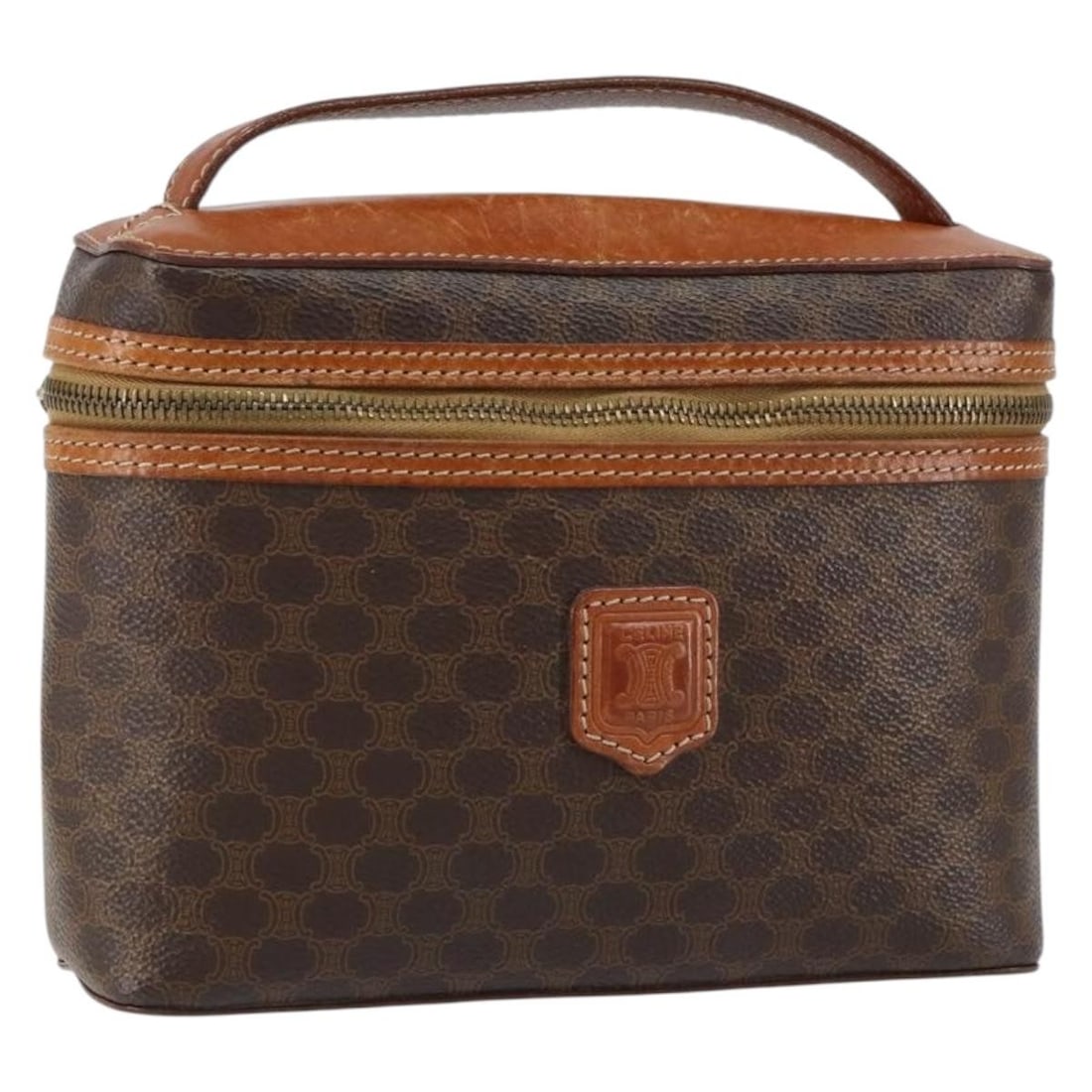 Macadam Pattern Vanity Pouch by Celine in Brown: Macadam Pattern Vanity Pouch by Celine in Brown This pre-owned Celine Macadam vanity pouch features the iconic brown Macadam pattern and is designed for female use. The bag displays signs of use, incl