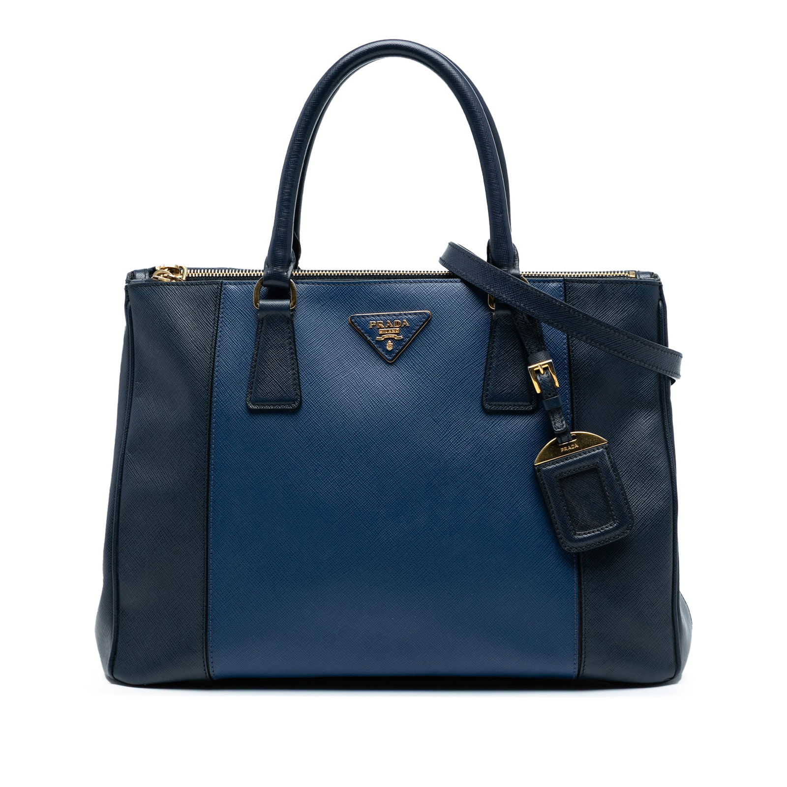Prada Medium Bicolor Saffiano Lux Galleria Satchel Blue Leather: Prada Medium Bicolor Saffiano Lux Galleria Satchel Blue Leather The Prada Medium Bicolor Saffiano Lux Galleria Double Zip Satchel is a stylish and functional accessory, crafted from high-quality bicol