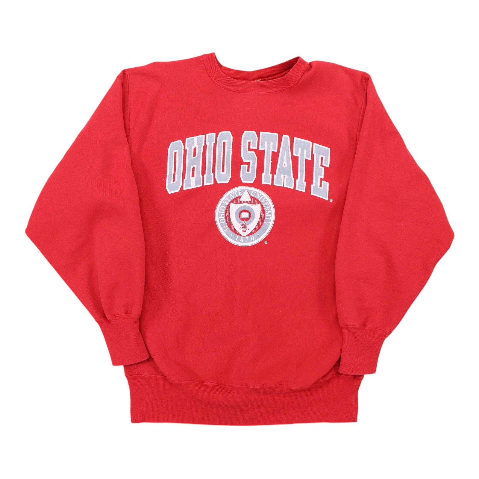 1990s Ohio State Champion Reverse Weave Sweatshirt Red Cotton: 1990s Ohio State Champion Reverse Weave Sweatshirt Red Cotton Celebrate your love for Ohio State with this original vintage 1990s Reverse Weave Champion Sweatshirt. Crafted from 100% cotton, this clas