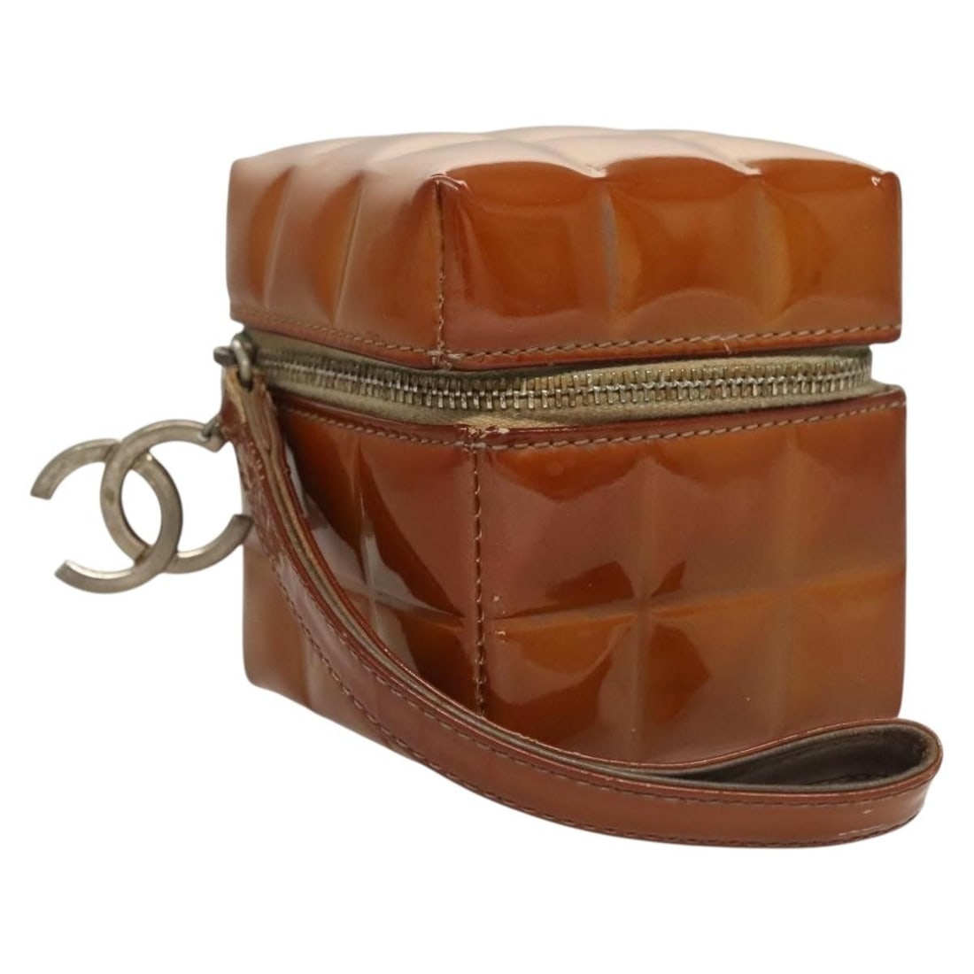 Brown Rubiks Cube Wristlet Bag by Chanel: Brown Rubiks Cube Wristlet Bag by Chanel Chanel Rubiks Cube Wristlet in brown, designed for women. The bag shows signs of rubbing, sun exposure, discoloration, slight staining, scratches, and partial