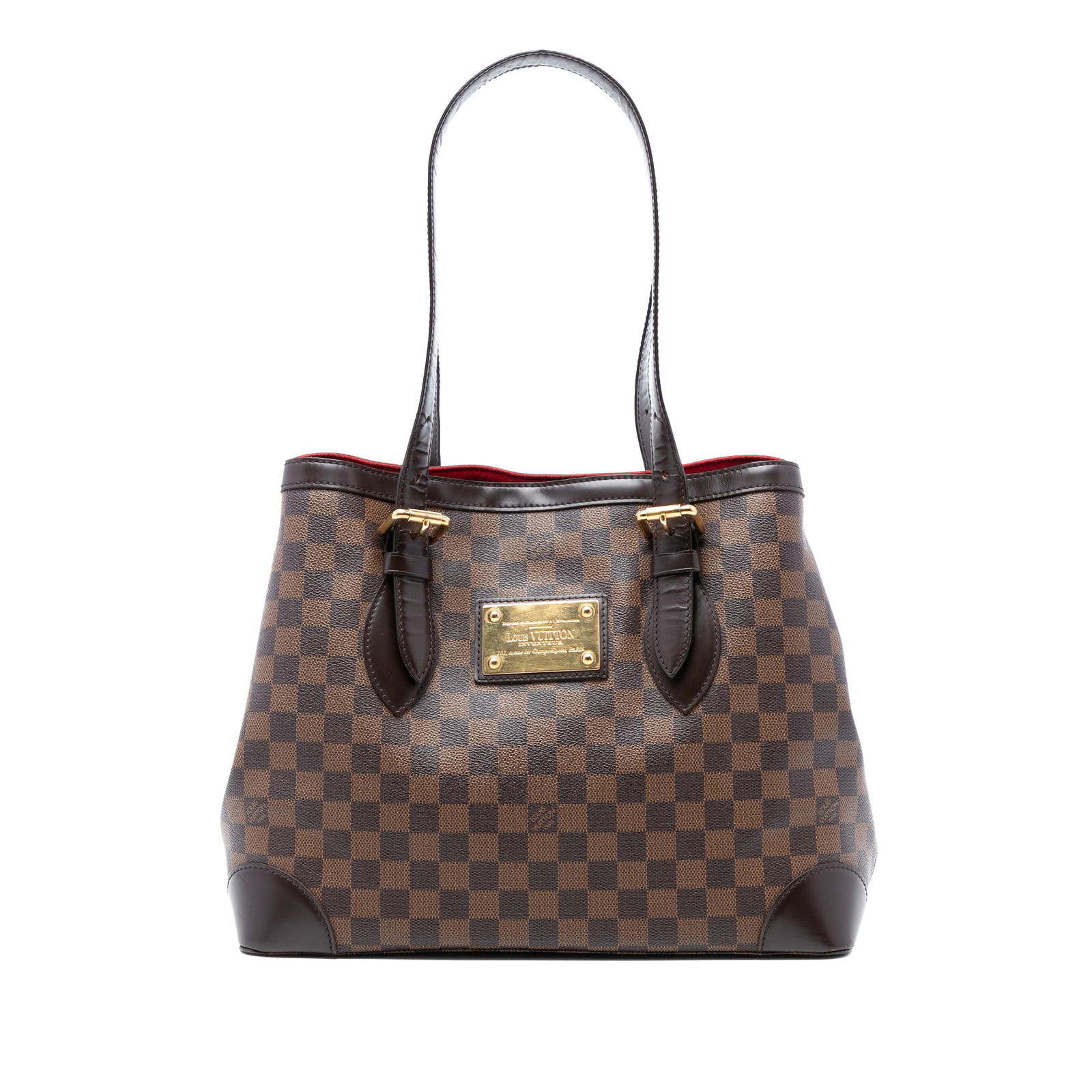 Louis Vuitton Hampstead MM brown Damier Ebene canvas tote bag: Louis Vuitton Hampstead MM brown Damier Ebene canvas tote bag The Louis Vuitton Damier Ebene Hampstead MM features a damier ebene canvas body with leather trim, adjustable flat leather straps, an open