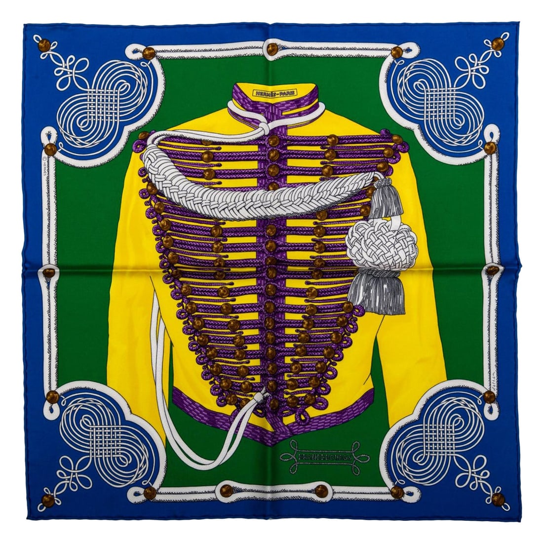 Hermes Brandebourg Gavroche Silk Scarf 16.5 Square New in Box: Hermes Brandebourg Gavroche Silk Scarf 16.5 Square New in Box Elevate your accessory collection with this exquisite Hermes Brandebourg Gavroche Scarf. Crafted from luxurious silk twill, this rare scar