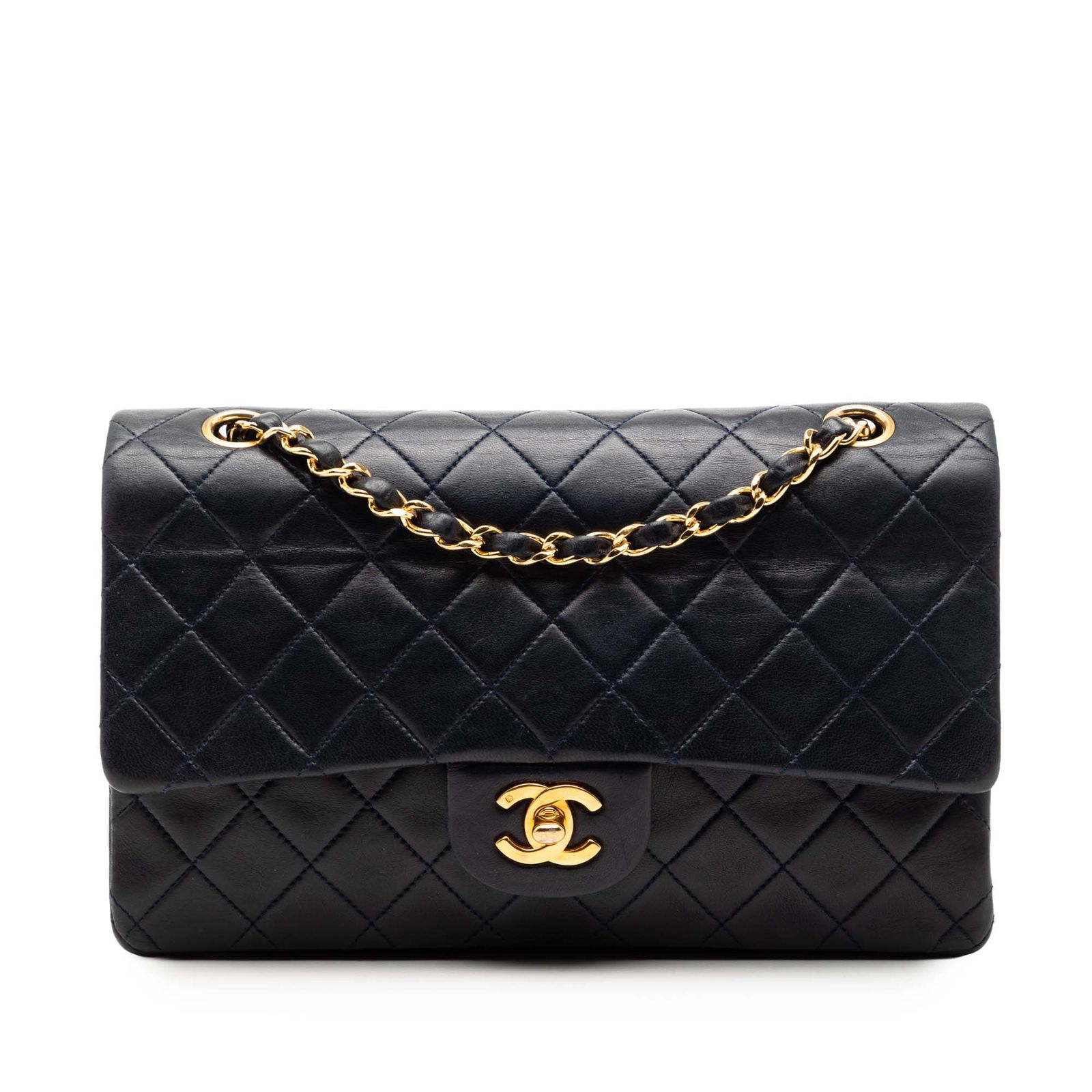 Chanel Medium Classic Blue Quilted Lambskin Double Flap Shoulder Bag: Chanel Medium Classic Blue Quilted Lambskin Double Flap Shoulder Bag This Chanel Medium Classic Double Flap shoulder bag is crafted from quilted lambskin leather in blue. It features leather-woven cha