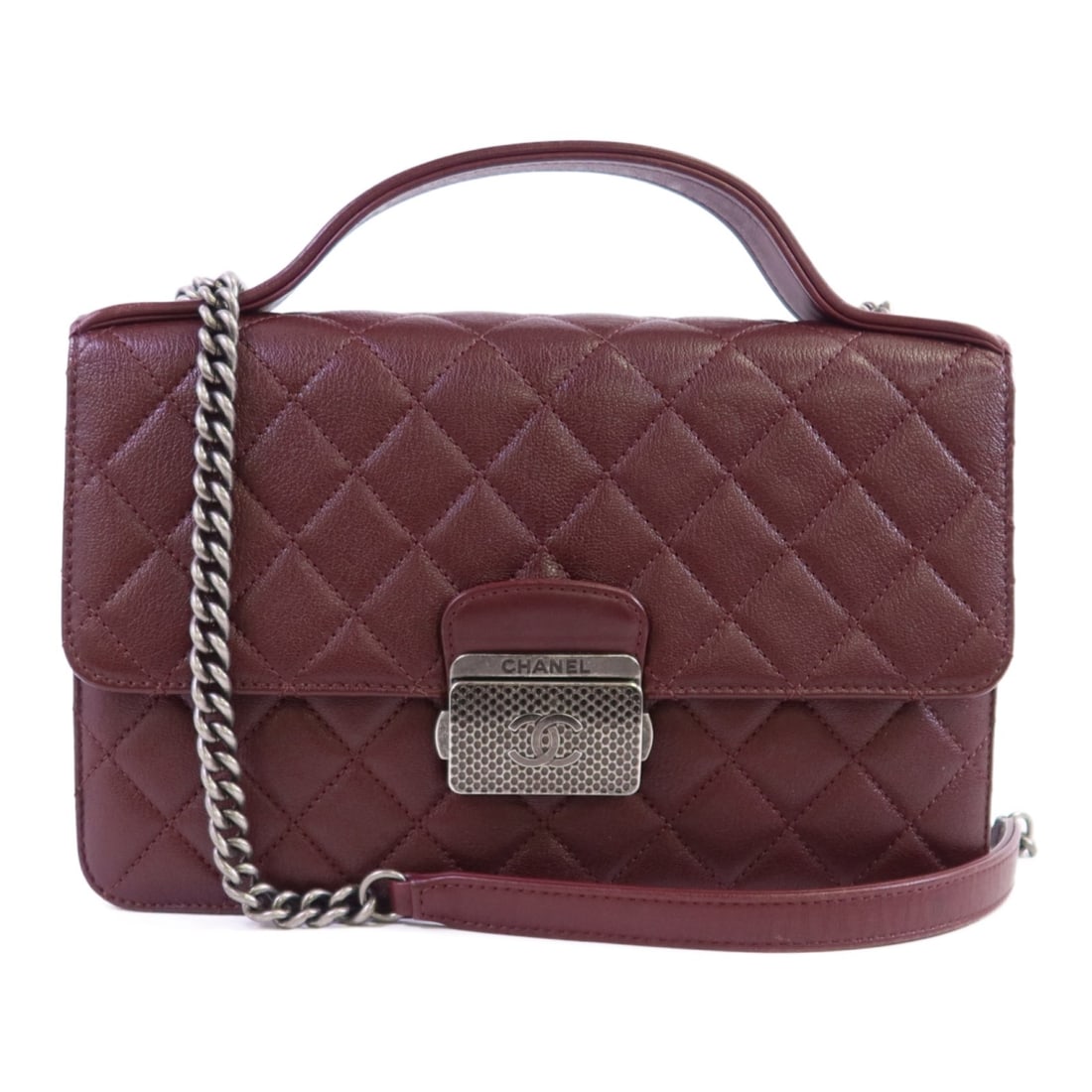 Red Calfskin CHANEL University Flap 2-Way Shoulder Bag A93537 SHW: Red Calfskin CHANEL University Flap 2-Way Shoulder Bag A93537 SHW This CHANEL CC University Flap Hand Shoulder Bag is crafted from red calfskin leather and features silver-tone hardware. Designed as a