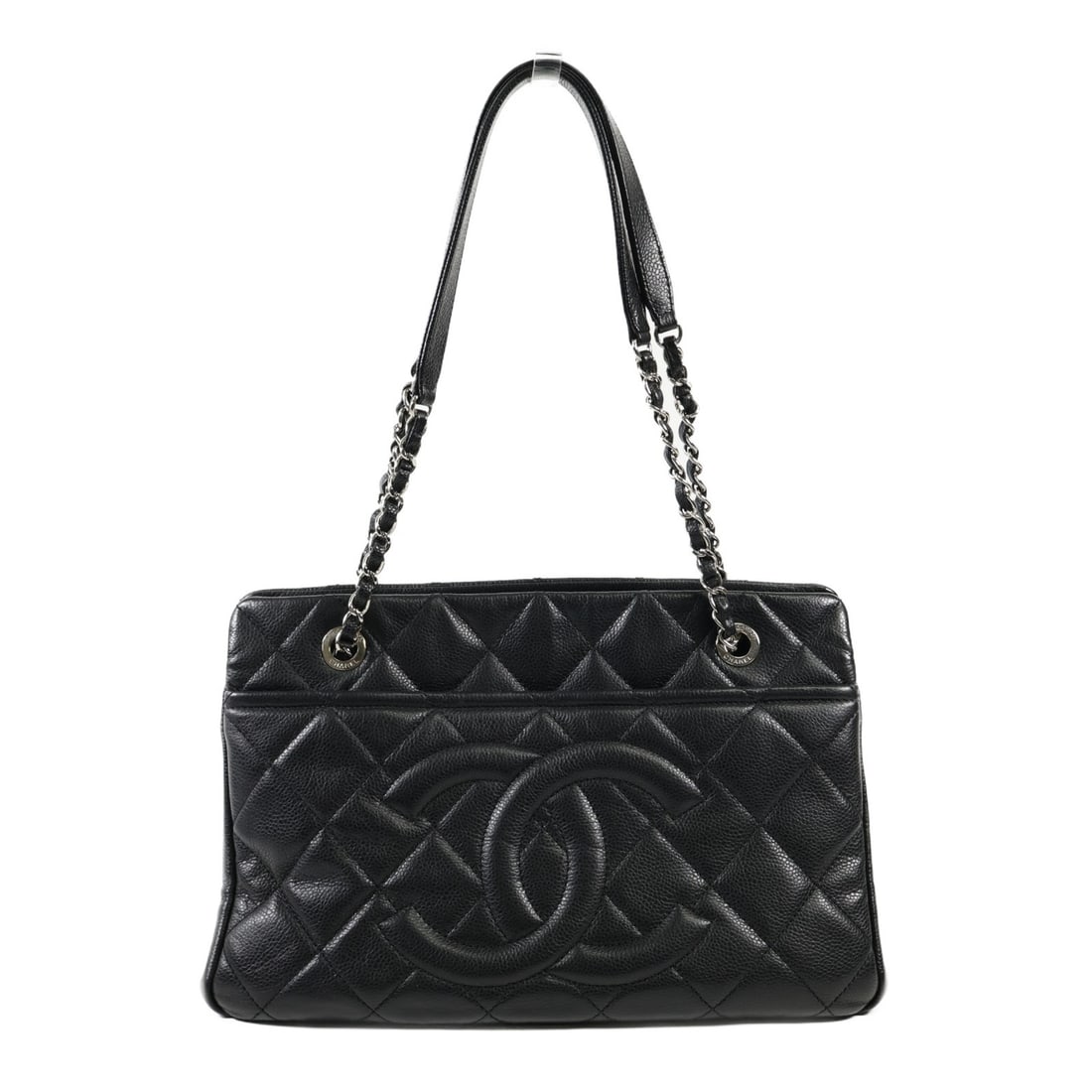 Black Calfskin Leather Tote with Silver Hardware by CHANEL: Black Calfskin Leather Tote with Silver Hardware by CHANEL This CHANEL tote bag is crafted from black calfskin leather and features silver-tone hardware accents. The bag is designed in a regular size