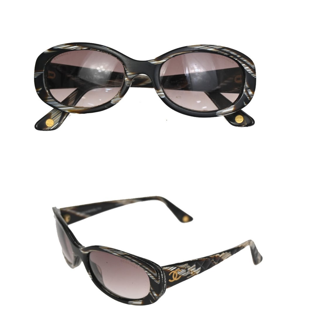 Brown Logo Sunglasses by Chanel for Women: Brown Logo Sunglasses by Chanel for Women These Chanel logo sunglasses feature a brown frame and are designed for women. The sunglasses are pre-owned and in good condition, showing noticeable scuffs,