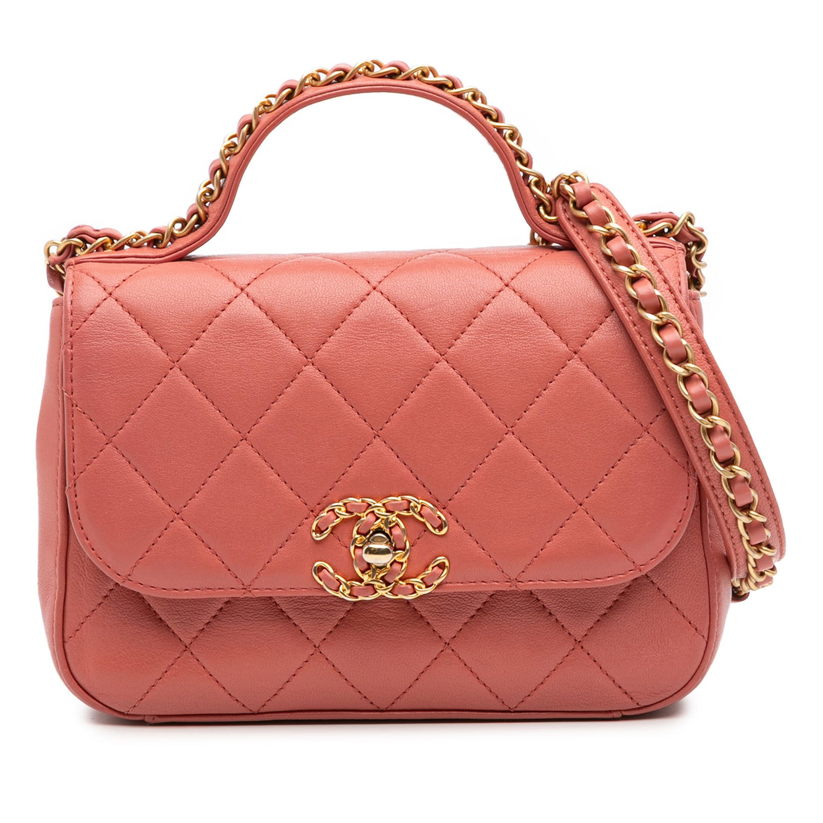 Chanel Pink Quilted Lambskin Chain Infinity Top Handle Bag: Chanel Pink Quilted Lambskin Chain Infinity Top Handle Bag Introducing the Chanel Quilted Lambskin Chain Infinity Top Handle Bag, a luxurious and stylish accessory crafted from high-quality quilted la