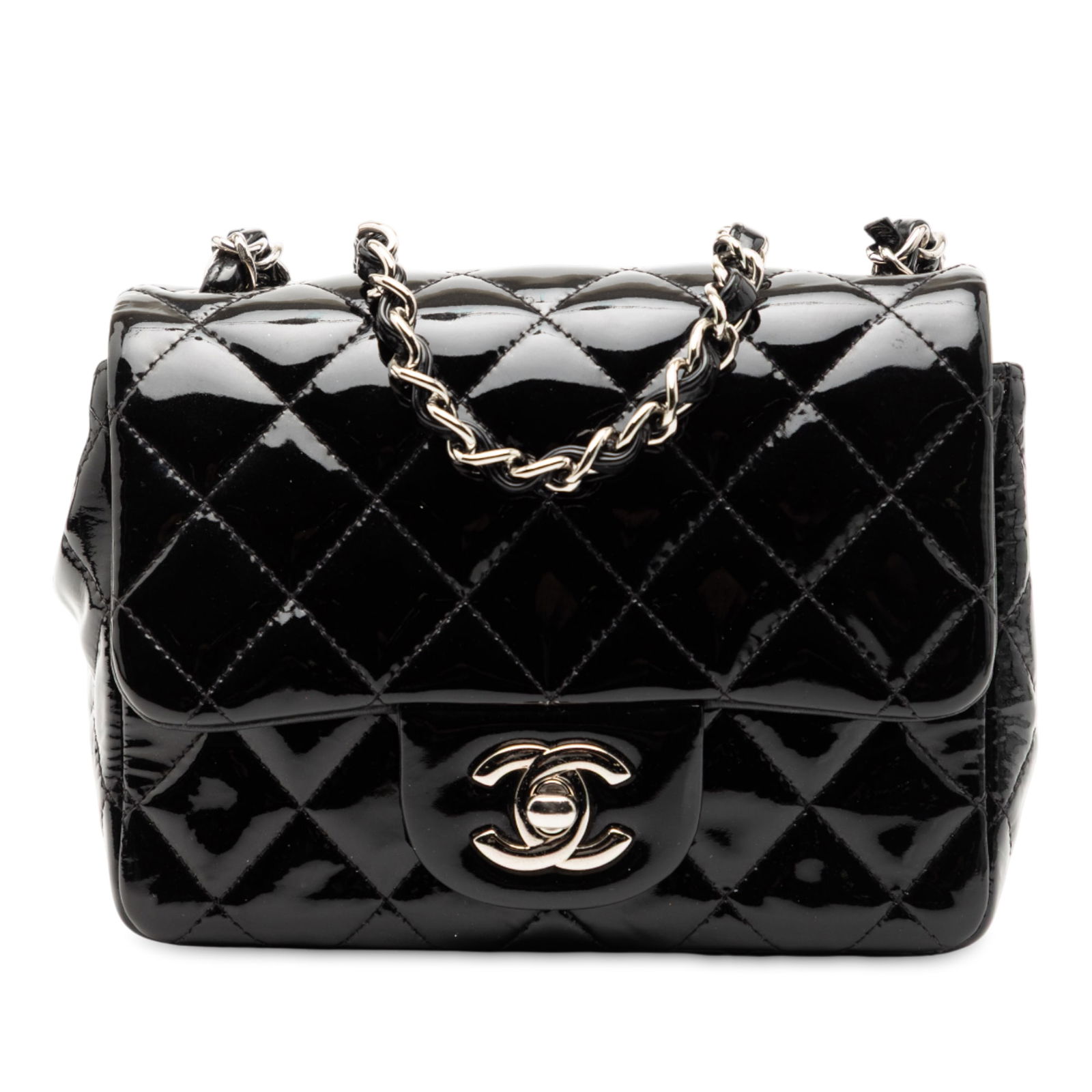 Chanel Mini Square Patent Leather Quilted Single Flap Shoulder Bag Black (1 of 7)