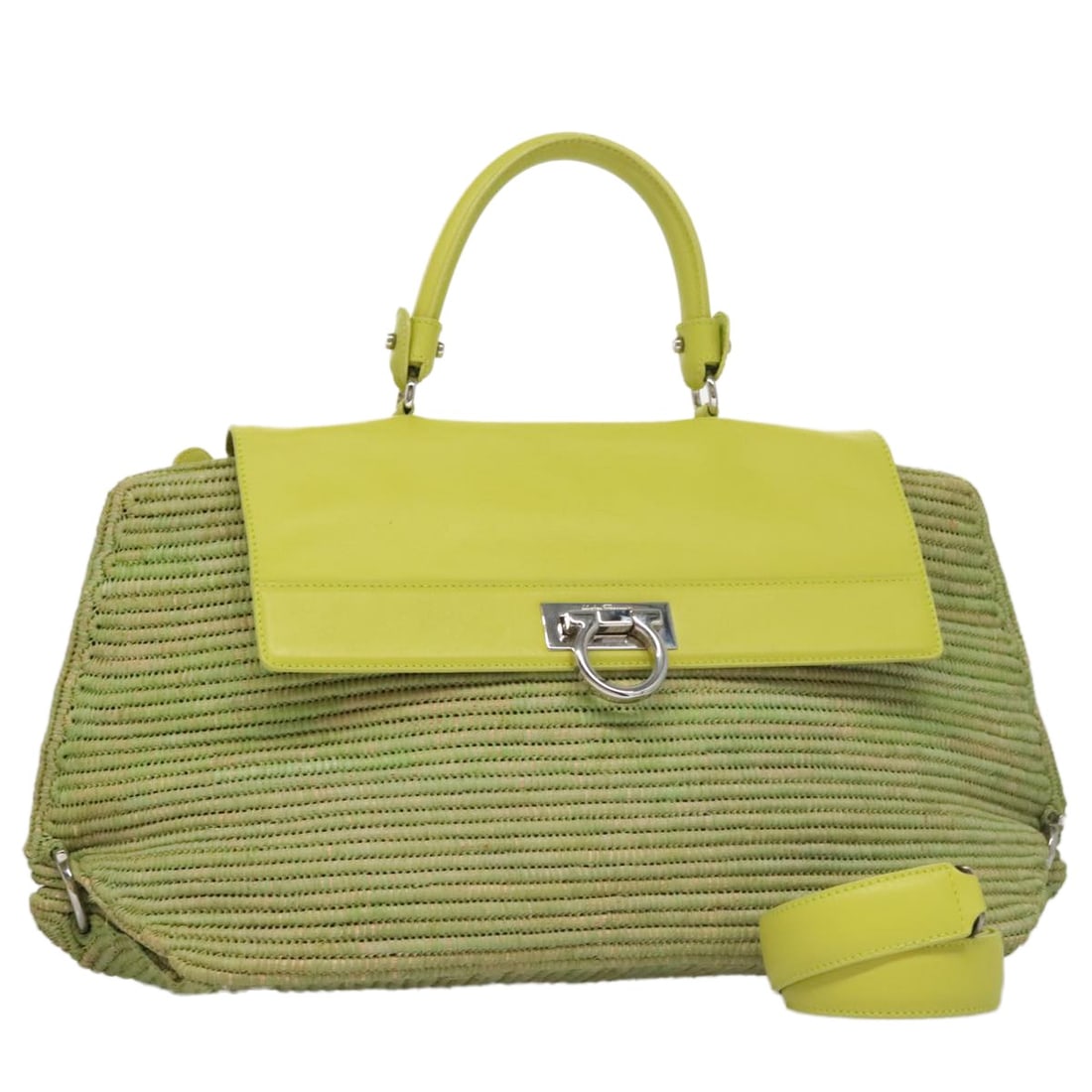 Green Sofia Satchel Handbag by Salvatore Ferragamo: Green Sofia Satchel Handbag by Salvatore Ferragamo This Salvatore Ferragamo Sofia Satchel is a stylish handbag crafted in green leather. Designed for women, it features a structured silhouette with bo