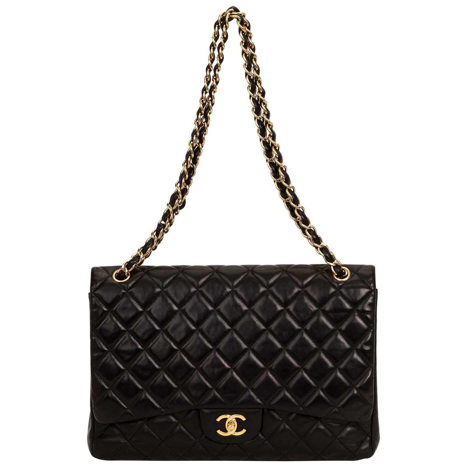 Chanel Black Lambskin Maxi Flap Bag 2010 with Gold Tone Hardware: Chanel Black Lambskin Maxi Flap Bag 2010 with Gold Tone Hardware This exquisite Chanel Black Lambskin Maxi Single Flap Bag is a timeless addition to any luxury collection. Crafted from soft, quilted l