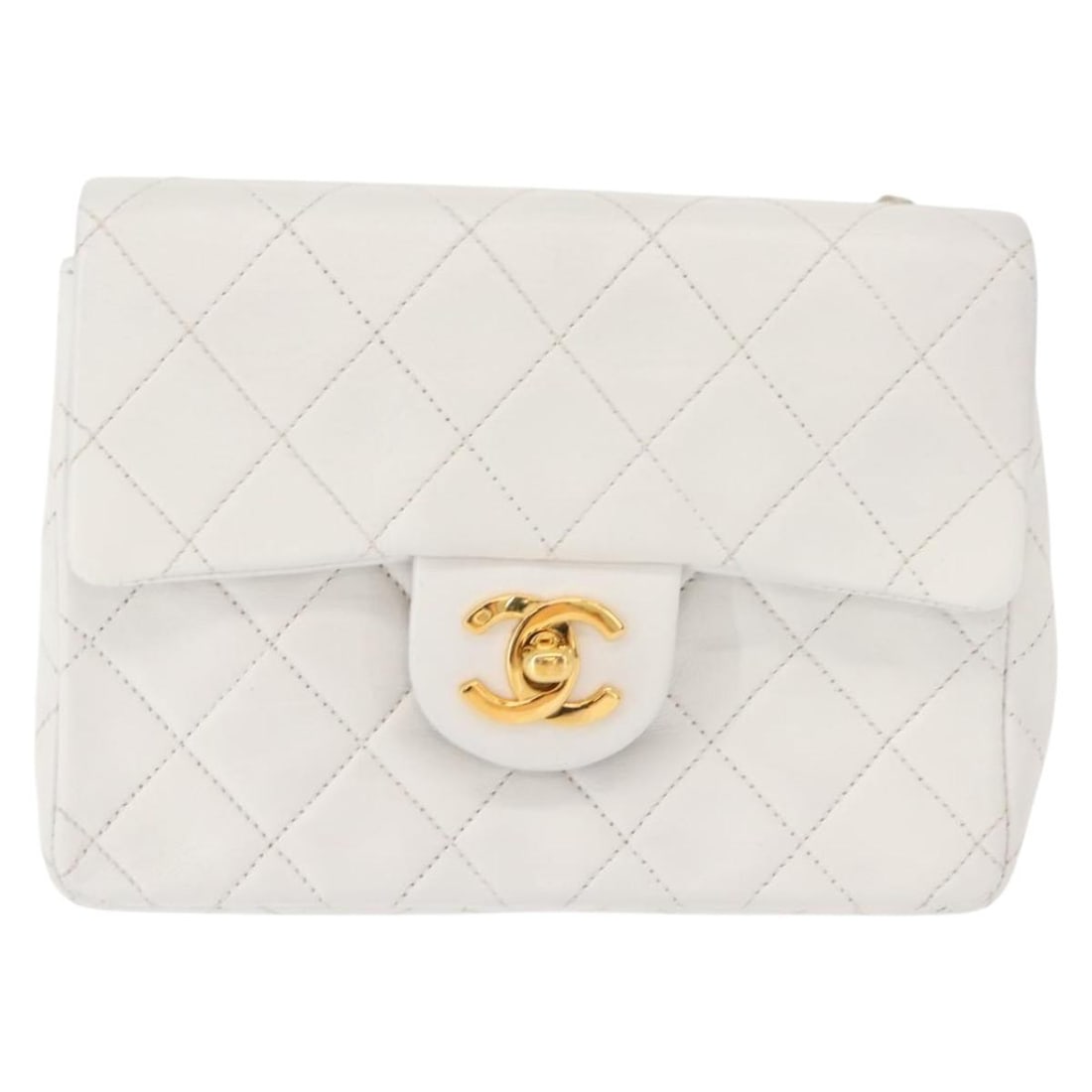 White Chanel Flap Shoulder Bag with Chain Strap: White Chanel Flap Shoulder Bag with Chain Strap This pre-owned Chanel chain flap shoulder bag is crafted in white and designed for women. It shows signs of wear, including some loss of shape, scratche